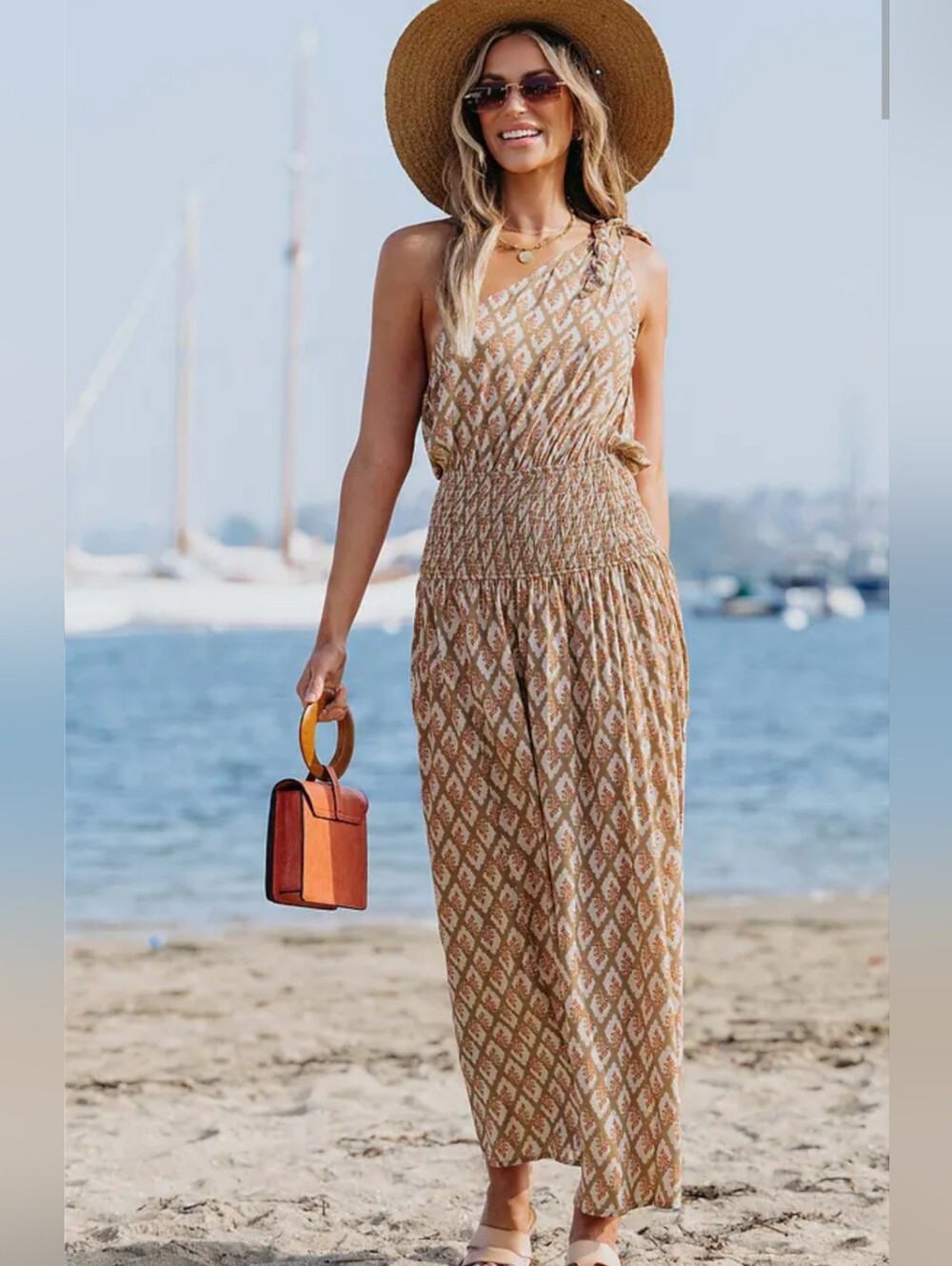 Cupshe Boho One-Shoulder Maxi Dress in Tan Print Size LARGE NEW With Tags